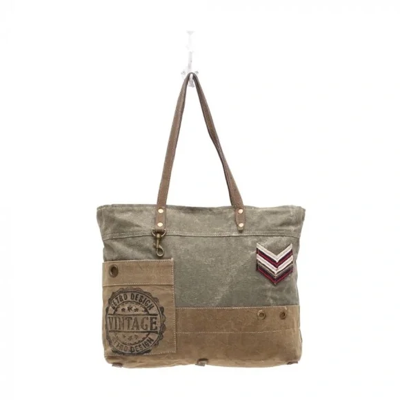 Myra-Military Badge Canvas dark green/tan Vintage stamp/badge design Tote-NWT Totes